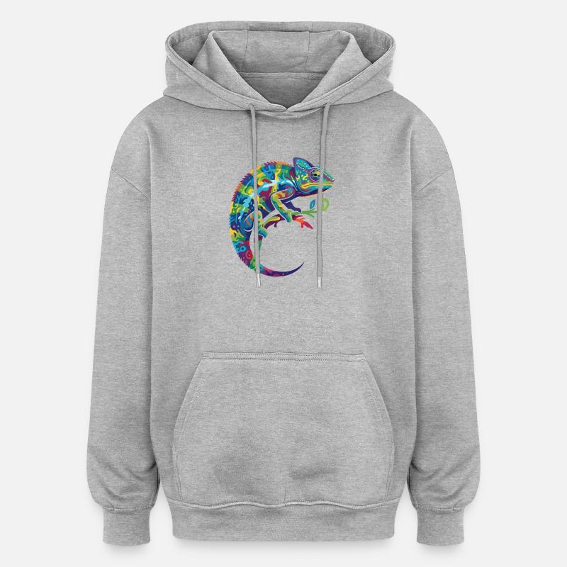 Fargerik kameleon som sitter på en gren (motiv) - Oversized unisex-hettegenser - gråmelert