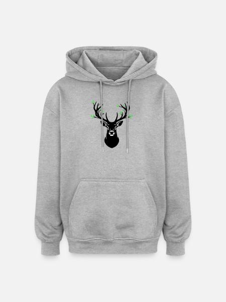 Deer Head Antler Leaves Natural - Oversized Unisex Hoodie - heather grey