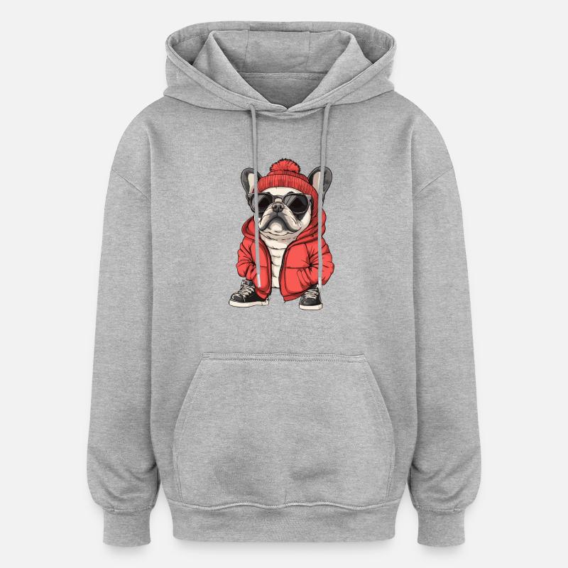 Buldog Français Chien Hiver - Sweat à capuche oversize unisexe - gris chiné