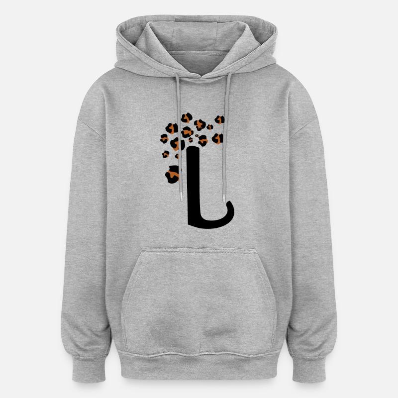Lettre l motifs léopard - Sweat à capuche oversize unisexe - gris chiné