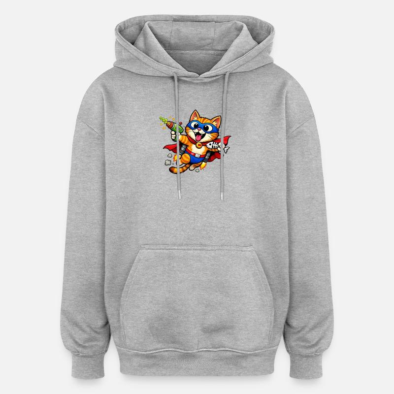 Chat super-héros en plein vol - Sweat à capuche oversize unisexe - gris chiné