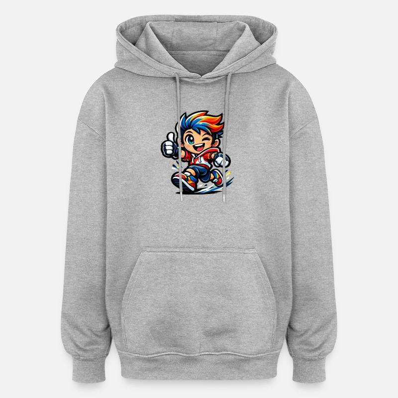 Farbenfroher Regenbogenheld in Aktion - Oversized Unisex Hoodie - Grau meliert