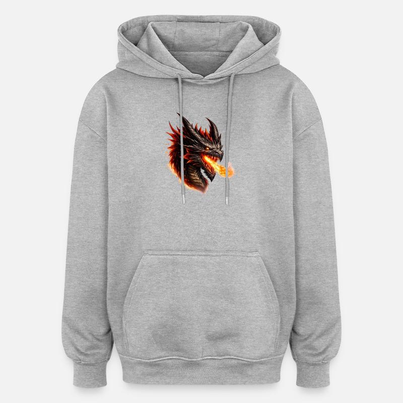 Tête Enflammée du Dragon de Feu - Sweat à capuche oversize unisexe - gris chiné