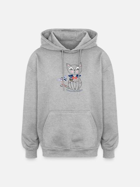 Cat and Seagull - Oversized Unisex Hoodie - heather grey
