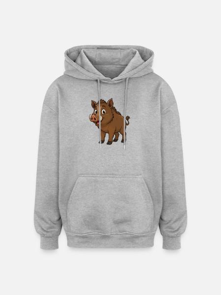 Happy Wild Boar Cartoon - Oversized Unisex Hoodie - heather grey