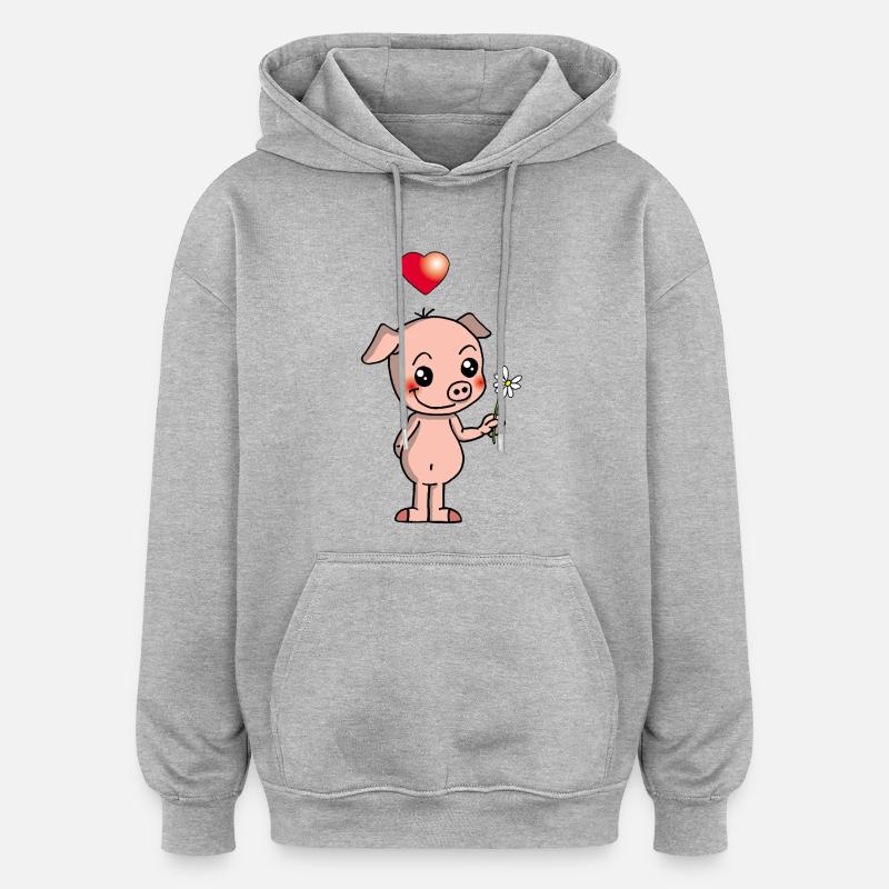 Cochon manga et mignon - Sweat à capuche oversize unisexe - gris chiné