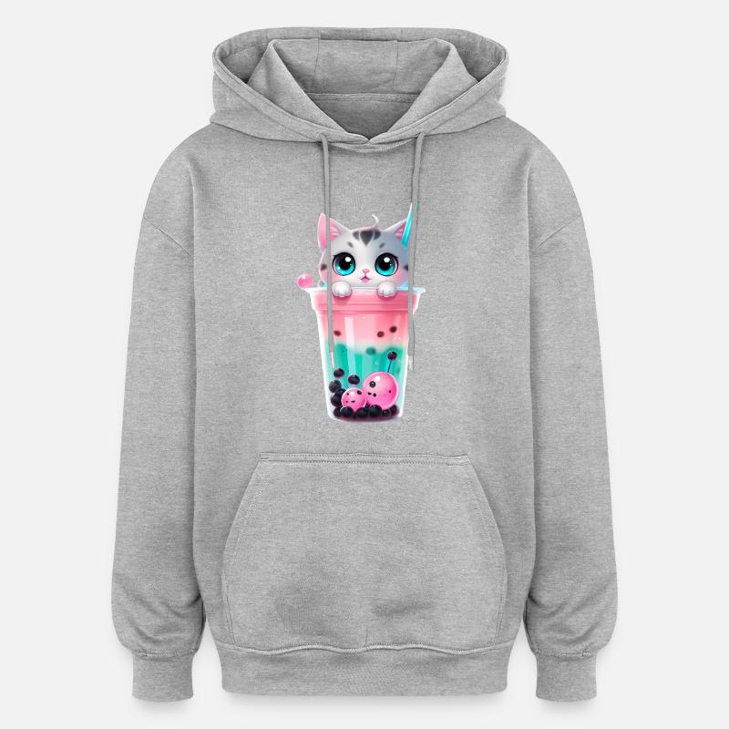 Chaton Bubble Tea Pastel - Sweat à capuche oversize unisexe - gris chiné