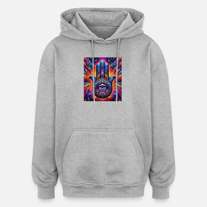 Mandala psychédélique Hamsa Œil Main-Œil - Sweat à capuche oversize unisexe - gris chiné
