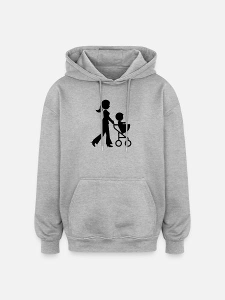 Maman poussette bébé - Sweat à capuche oversize unisexe - gris chiné
