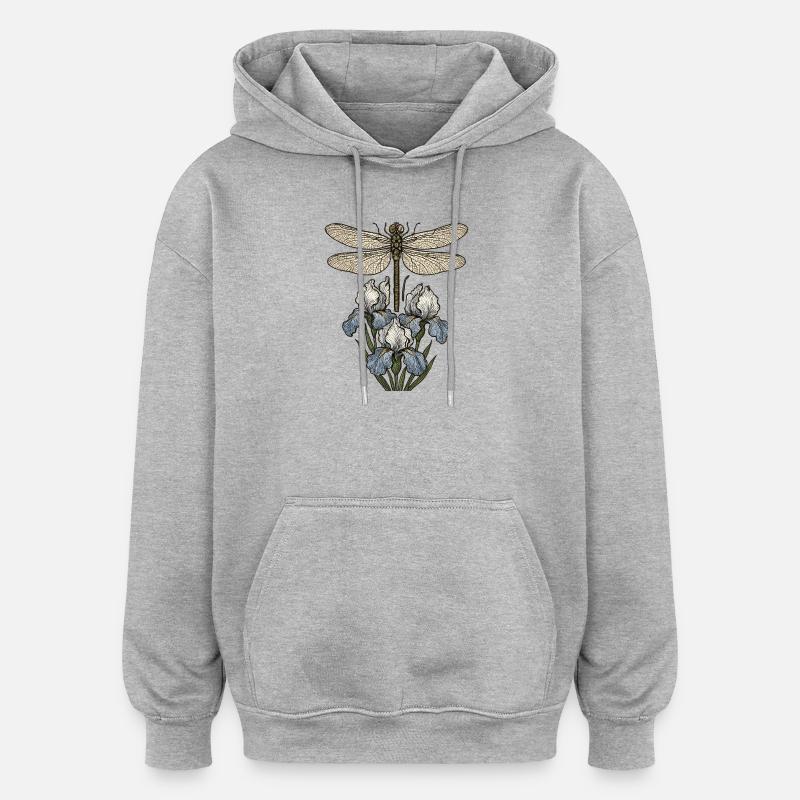 Libelle über Irisblüten - Oversized Unisex Hoodie - Grau meliert