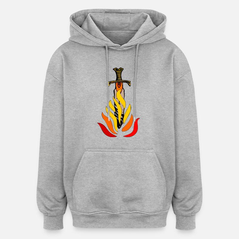 Épée dans les flammes - Sweat à capuche oversize unisexe - gris chiné