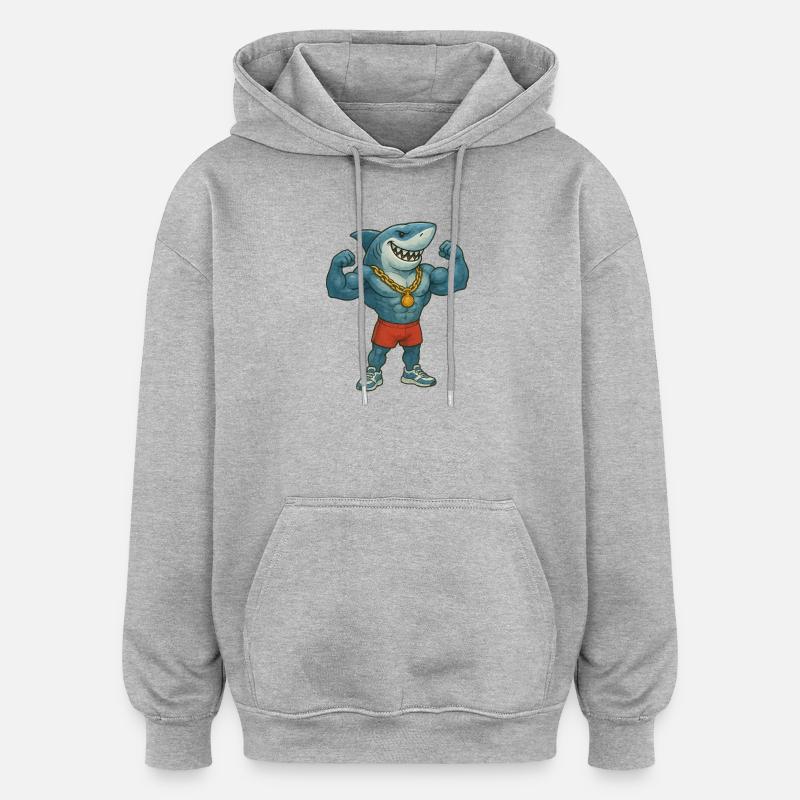 requin-bande dessinée-bodybuilder - Sweat à capuche oversize unisexe - gris chiné