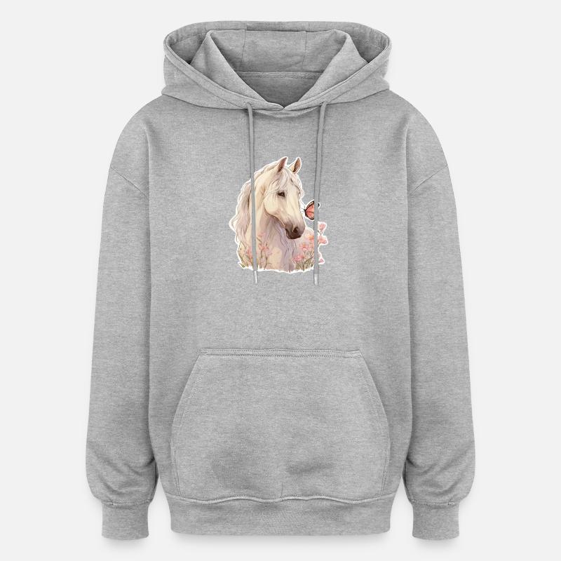 Pferd mit Schmetterling - Oversized Unisex Hoodie - Grau meliert