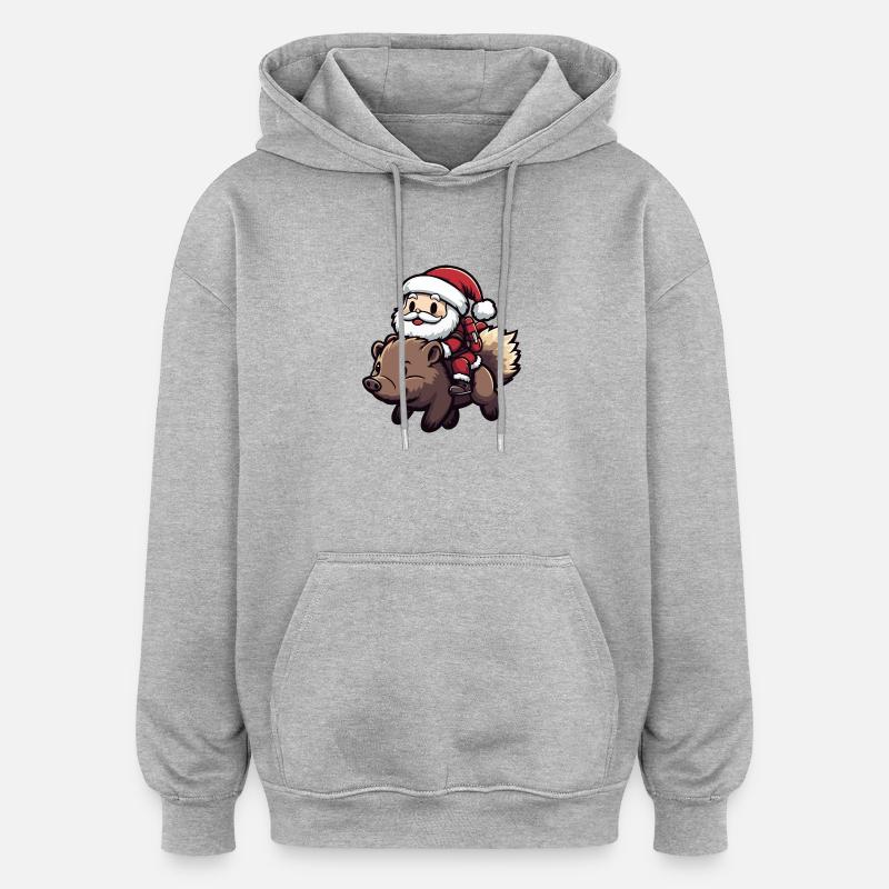 hérisson Père Noël dessin animé - Sweat à capuche oversize unisexe - gris chiné