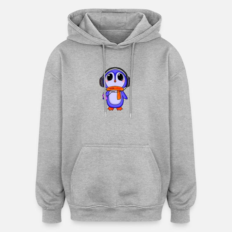 Penguin écoute de la musique - Sweat à capuche oversize unisexe - gris chiné
