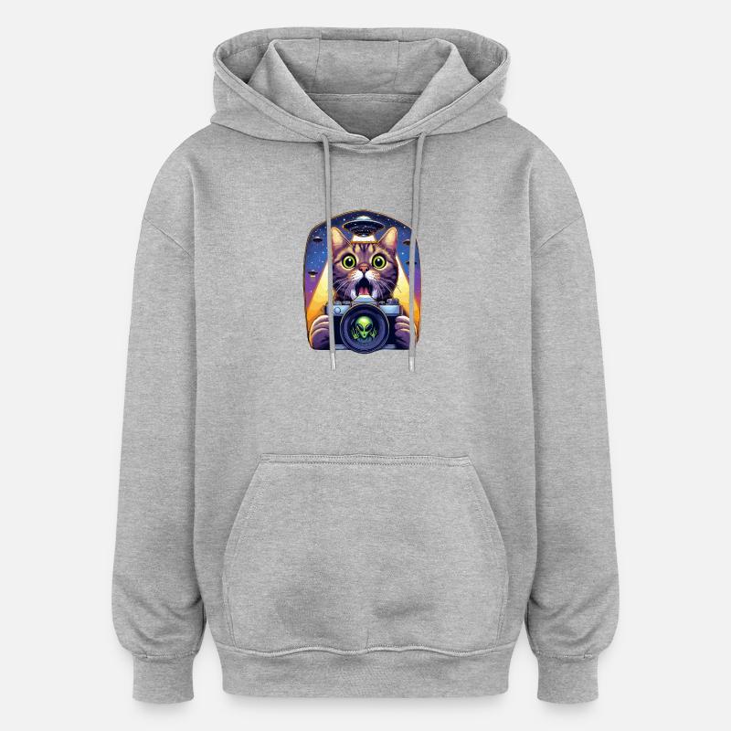 Lustige verängstigte Katze mit UFO-Alien-Angriff 3D-Effekt - Oversized Unisex Hoodie - Grau meliert