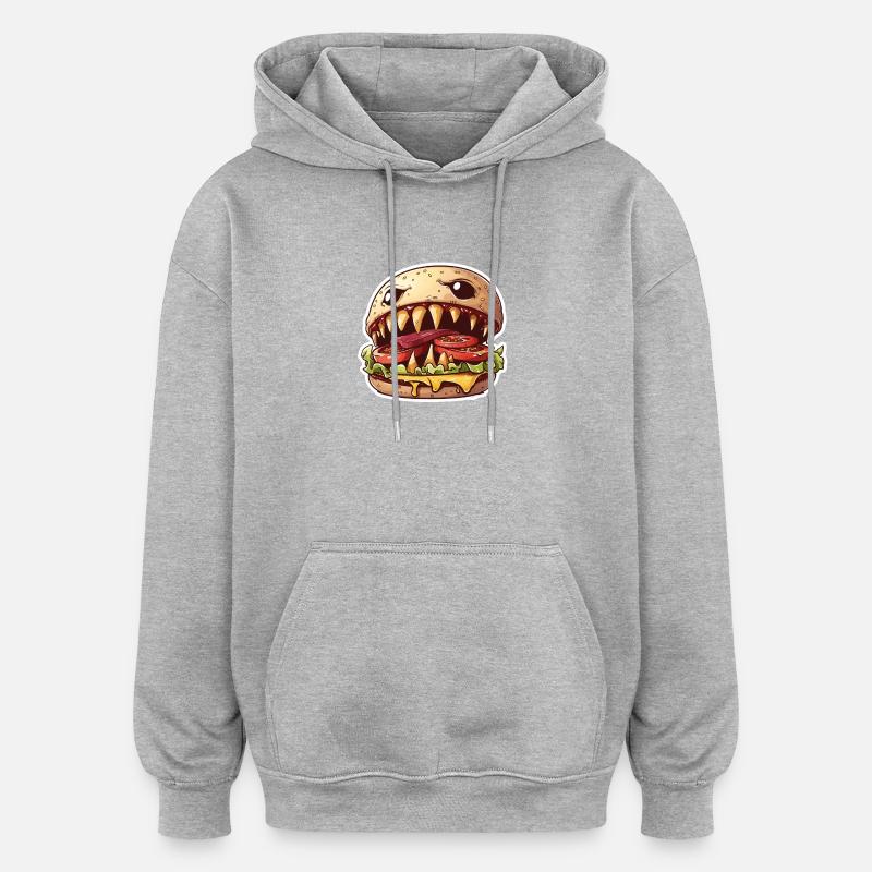 Fleischfressender Cheeseburger – Monster Burger - Oversized Unisex Hoodie - Grau meliert