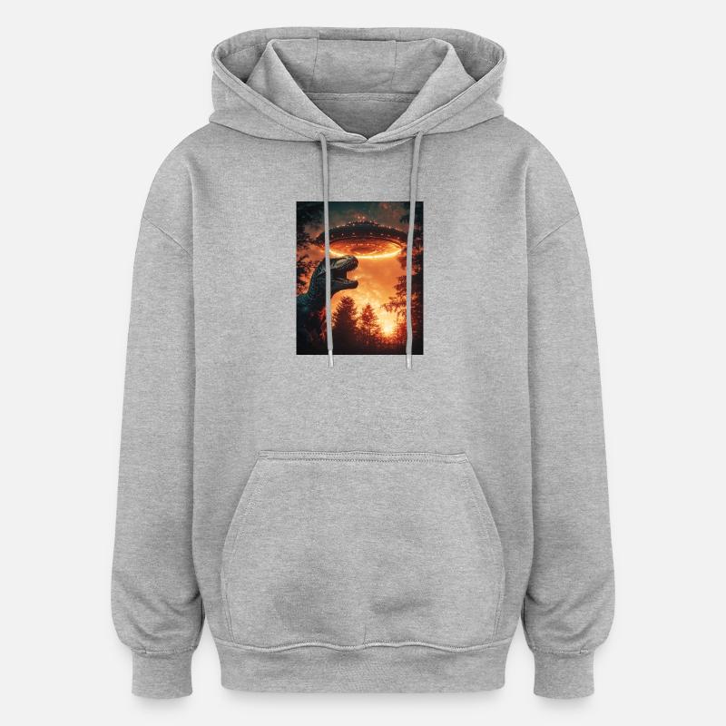 T-Rex Selfie mit UFO - Oversized Unisex Hoodie - Grau meliert