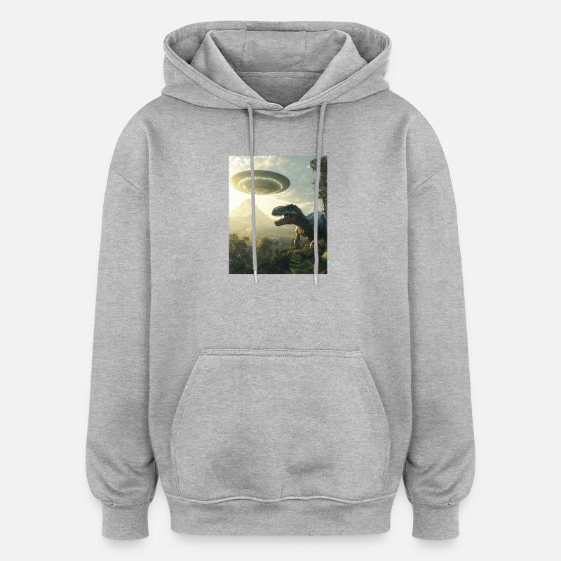 Selfie T-Rex avec OVNI - Sweat à capuche oversize unisexe - gris chiné
