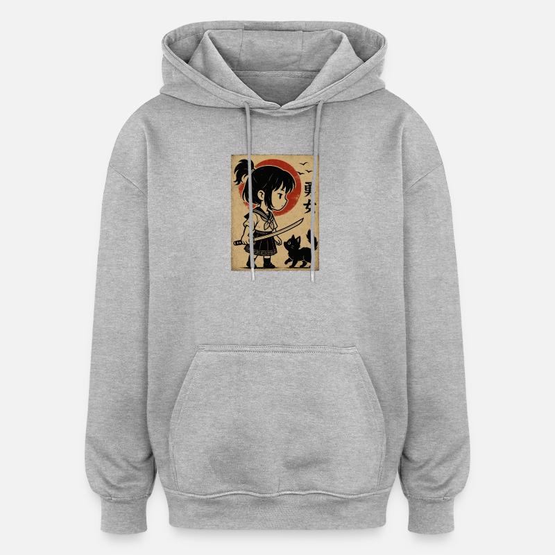 Fille courageuse avec katana et chat - Sweat à capuche oversize unisexe - gris chiné