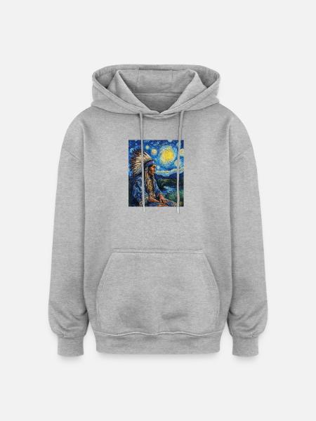 Indianerhøvding Van Gogh-stil stjerneklar nat - Oversize unisex hoodie - grå meleret
