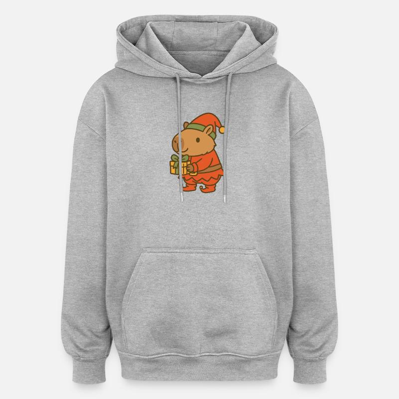 ✨ Weihnachtswichtel Capybara mit Geschenk 🎁 - Oversized Unisex Hoodie - Grau meliert