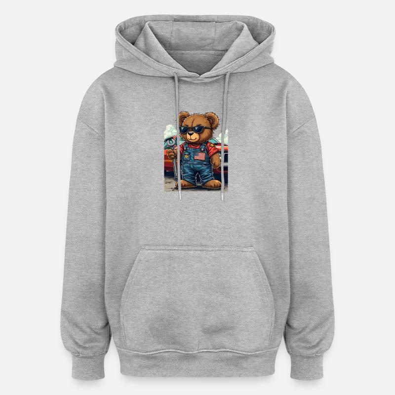 Mécanicien ours en muscle car - Sweat à capuche oversize unisexe - gris chiné