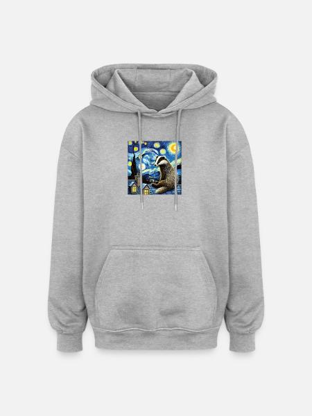 Badger on roof in starry night - Oversized Unisex Hoodie - heather grey