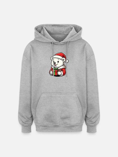 Jul isbjörn med gåva – sött julmotiv - Oversized luvtröja unisex - gråmelerad