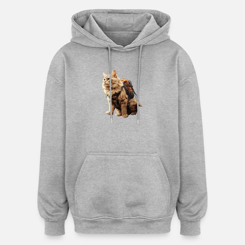 Chat d’aventure avec sac à dos - Sweat à capuche oversize unisexe - gris chiné