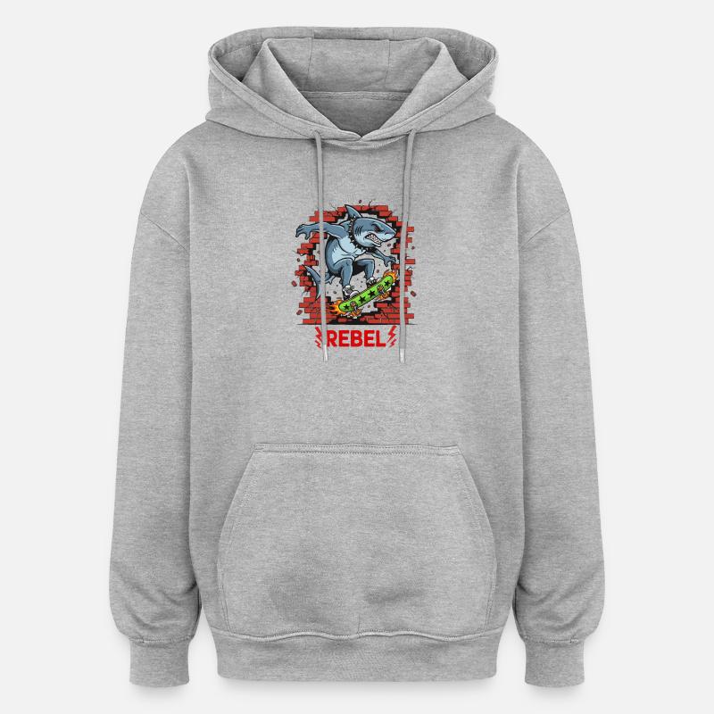 Requin rebelle sur skateboard - Sweat à capuche oversize unisexe - gris chiné