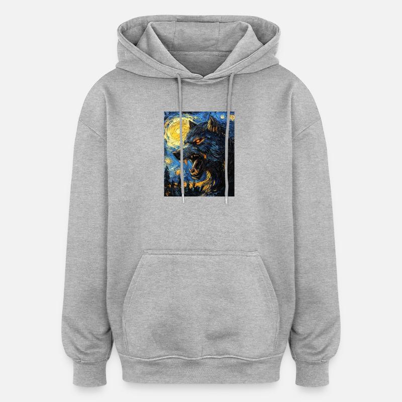 Loup loup-garou style Van Gogh - Sweat à capuche oversize unisexe - gris chiné