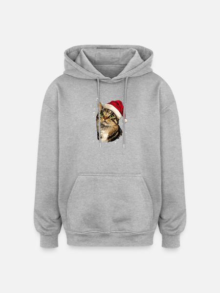 Cat Christmas Winter Hat Snow Winter - Oversized Unisex Hoodie - heather grey