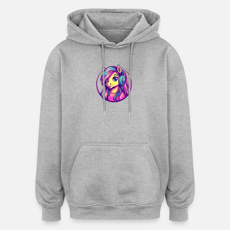 Neonpony mit Kopfhörer – bunte Cartoon-Pony - Oversized Unisex Hoodie - Grau meliert
