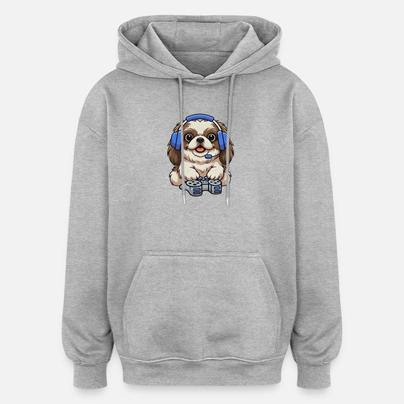 Chien pékinois jouant à des jeux - Sweat à capuche oversize unisexe - gris chiné