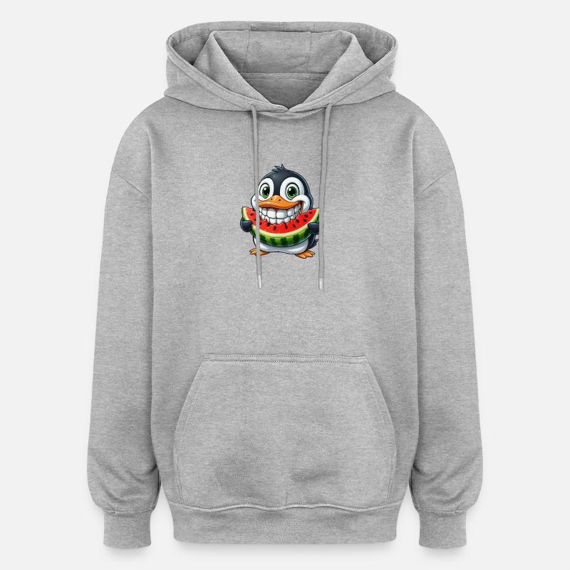 Cheerful Penguin with Watermelon Summer Fruit - Oversized Unisex Hoodie - heather grey