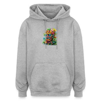 Tropischer Blumen-Tiki Maskenprint - Oversized Unisex Hoodie - Grau meliert - Vorne - Noah (186cm)