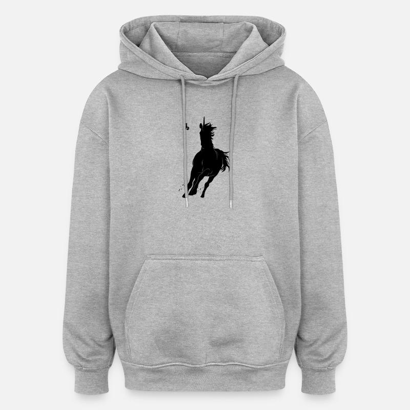 Dynamische Laufpferd  mit asiatischer Zeichenkunst - Oversized Unisex Hoodie - Grau meliert