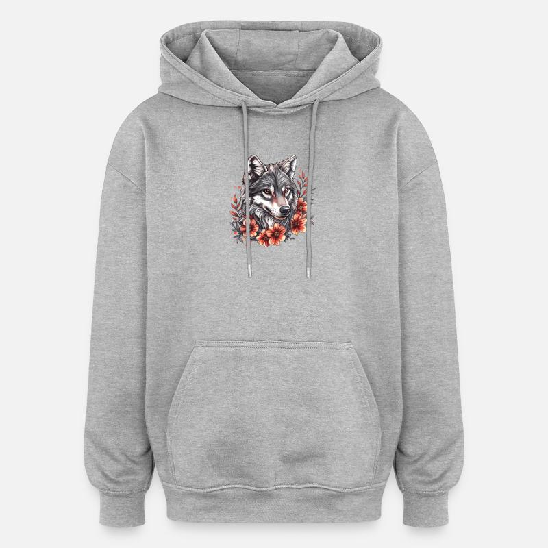 Tête de loup avec anneau fleuri - Sweat à capuche oversize unisexe - gris chiné
