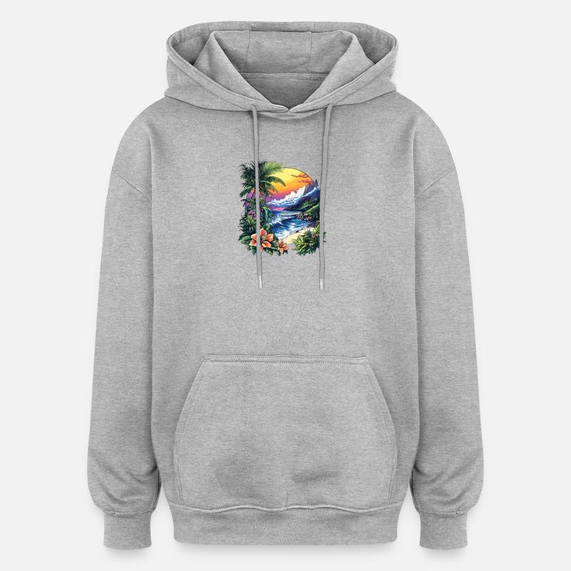 Côte tropicale au coucher du soleil - Sweat à capuche oversize unisexe - gris chiné