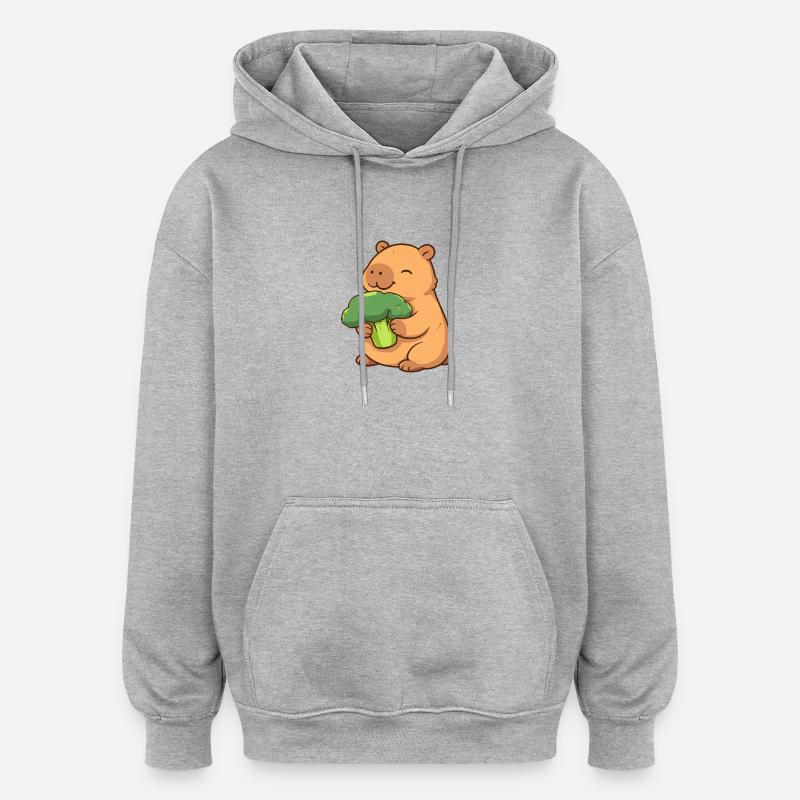 Capybara au brocoli – détendu et mignon - Sweat à capuche oversize unisexe - gris chiné