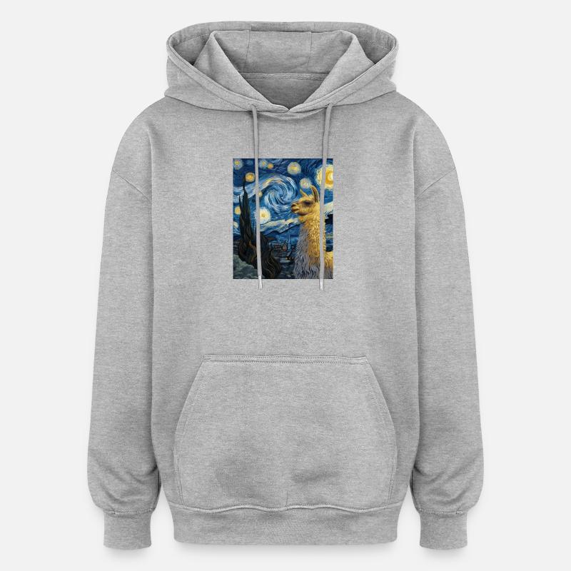 Lama Van Gogh Nuit étoilée - Sweat à capuche oversize unisexe - gris chiné