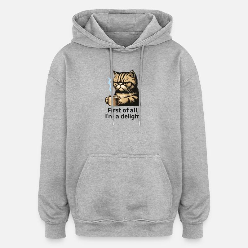 Chat et café: premier délice - Sweat à capuche oversize unisexe - gris chiné