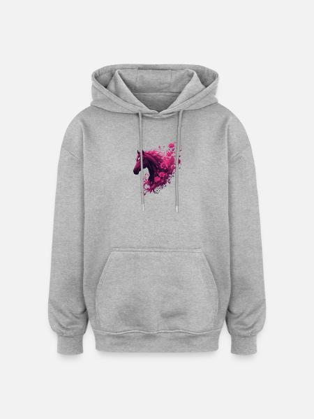 Magenta Pferd mit Blütenwirbel - Oversized Unisex Hoodie - Grau meliert