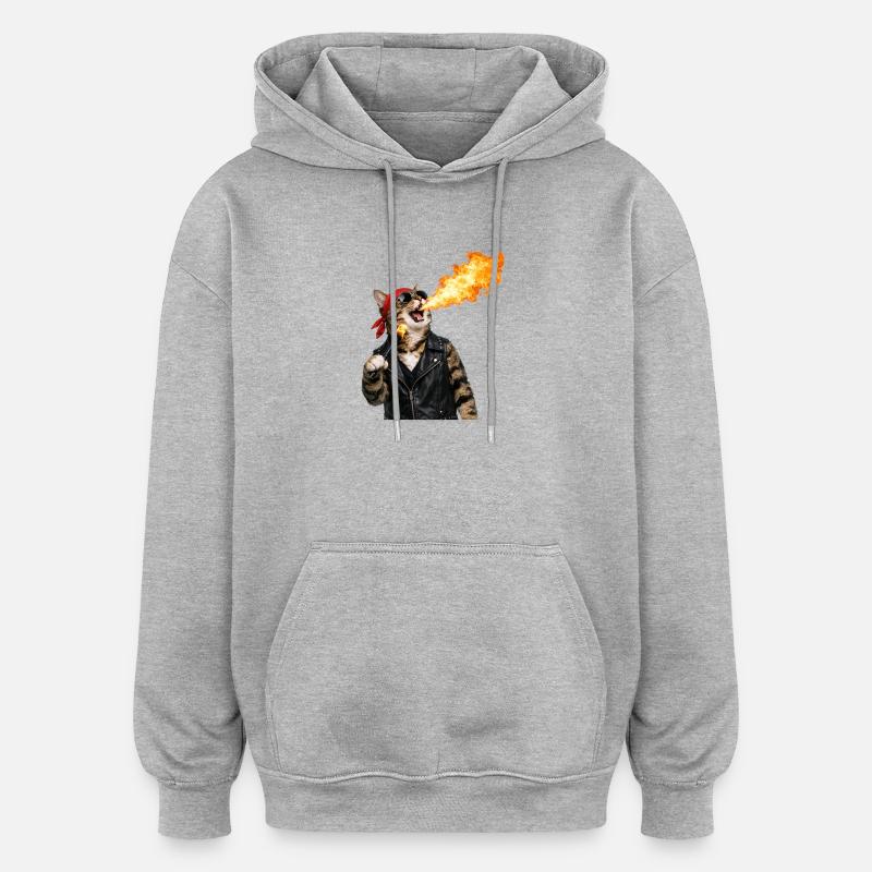 Fire Cat Biker Look - Sweat à capuche oversize unisexe - gris chiné