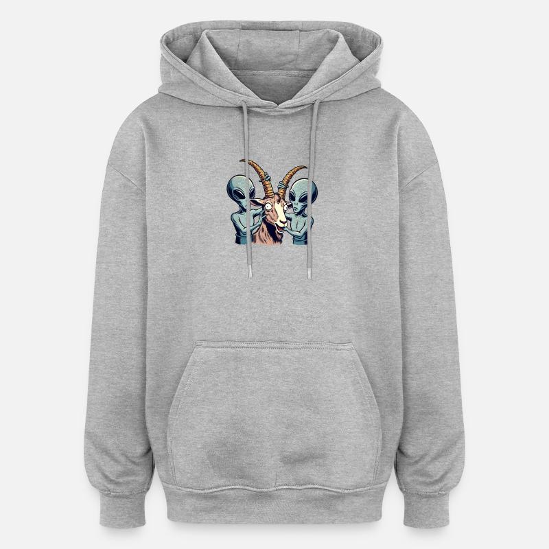 Des extraterrestres examinent une chèvre - Sweat à capuche oversize unisexe - gris chiné