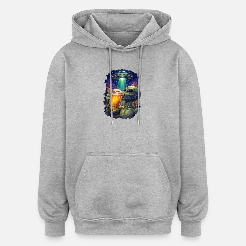 Rumvæsen drikker øl UFO - Oversize unisex hoodie - grå meleret