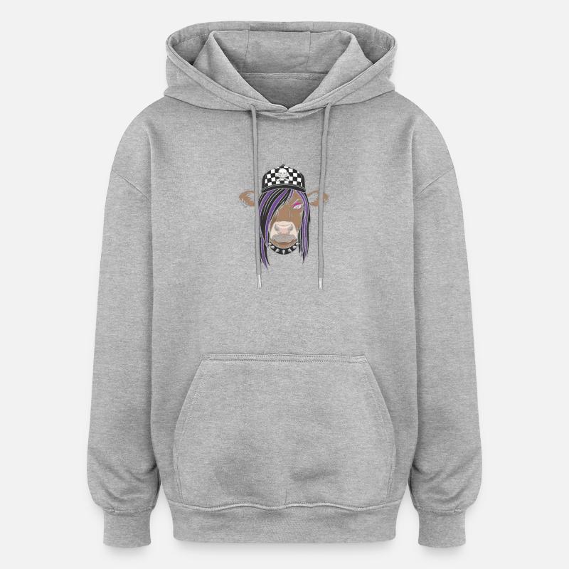 Punk Kuh mit Checker Cap - Oversized Unisex Hoodie - Grau meliert