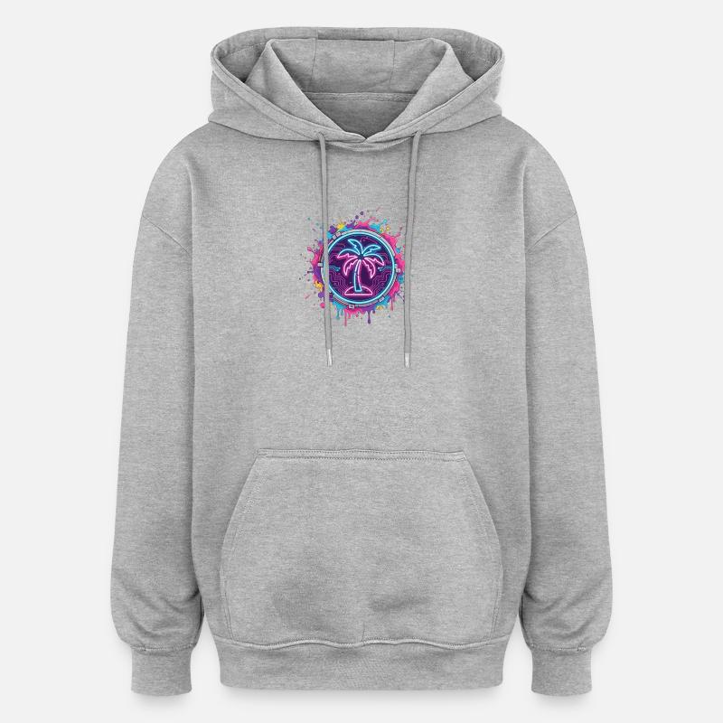 Palmier néon dans le cercle cybernétique - Sweat à capuche oversize unisexe - gris chiné