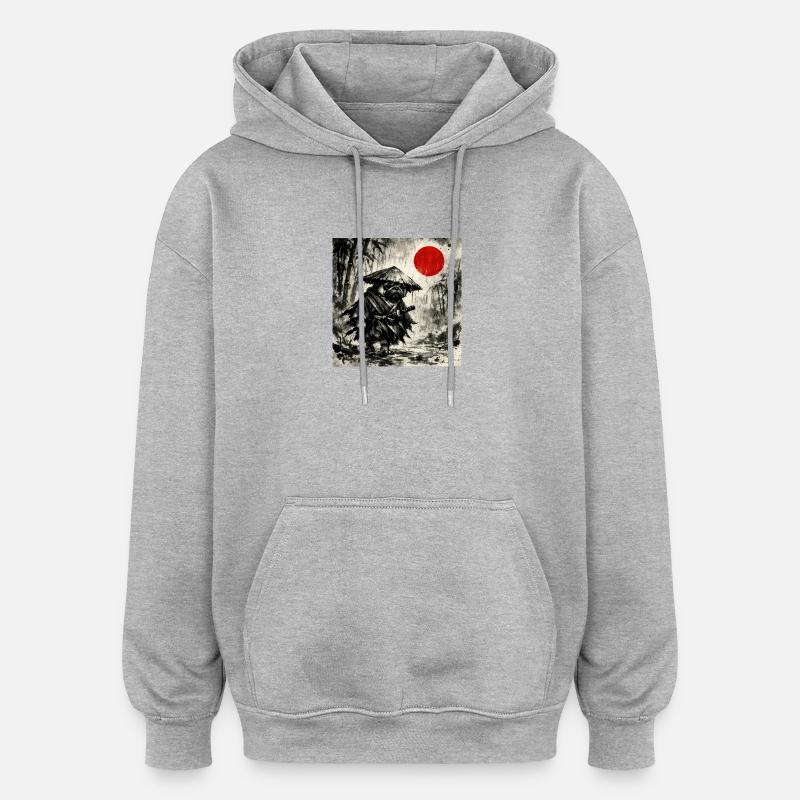 Samurai Pug Dog Japanisches Tusche-Waschbild - Oversized Unisex Hoodie - Grau meliert